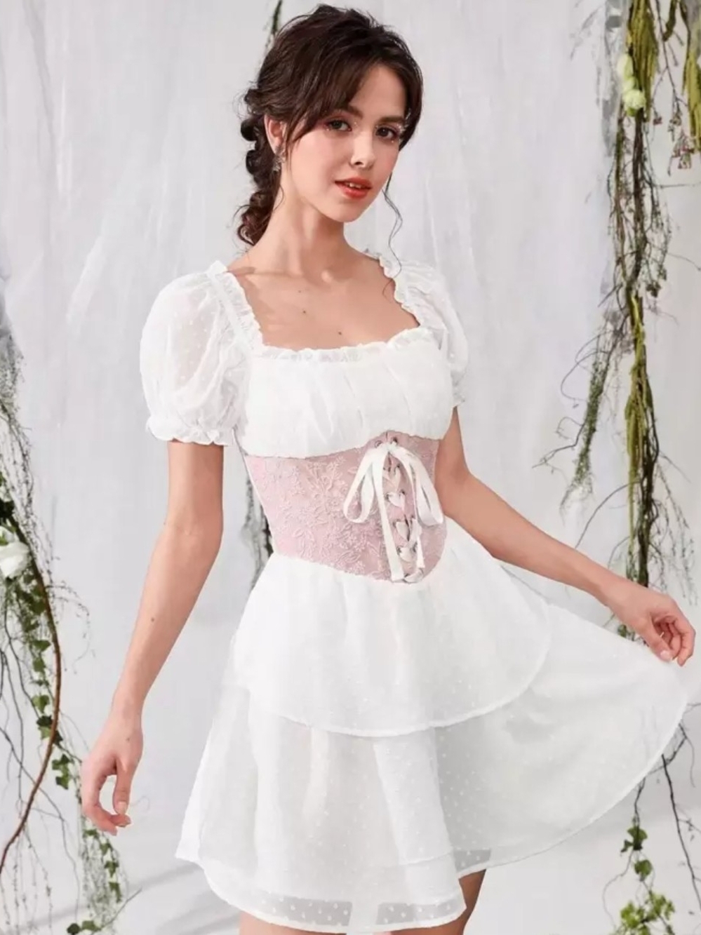 SHEIN White Puff Sleeve Mini Dress with Pink Lace-Up Corset